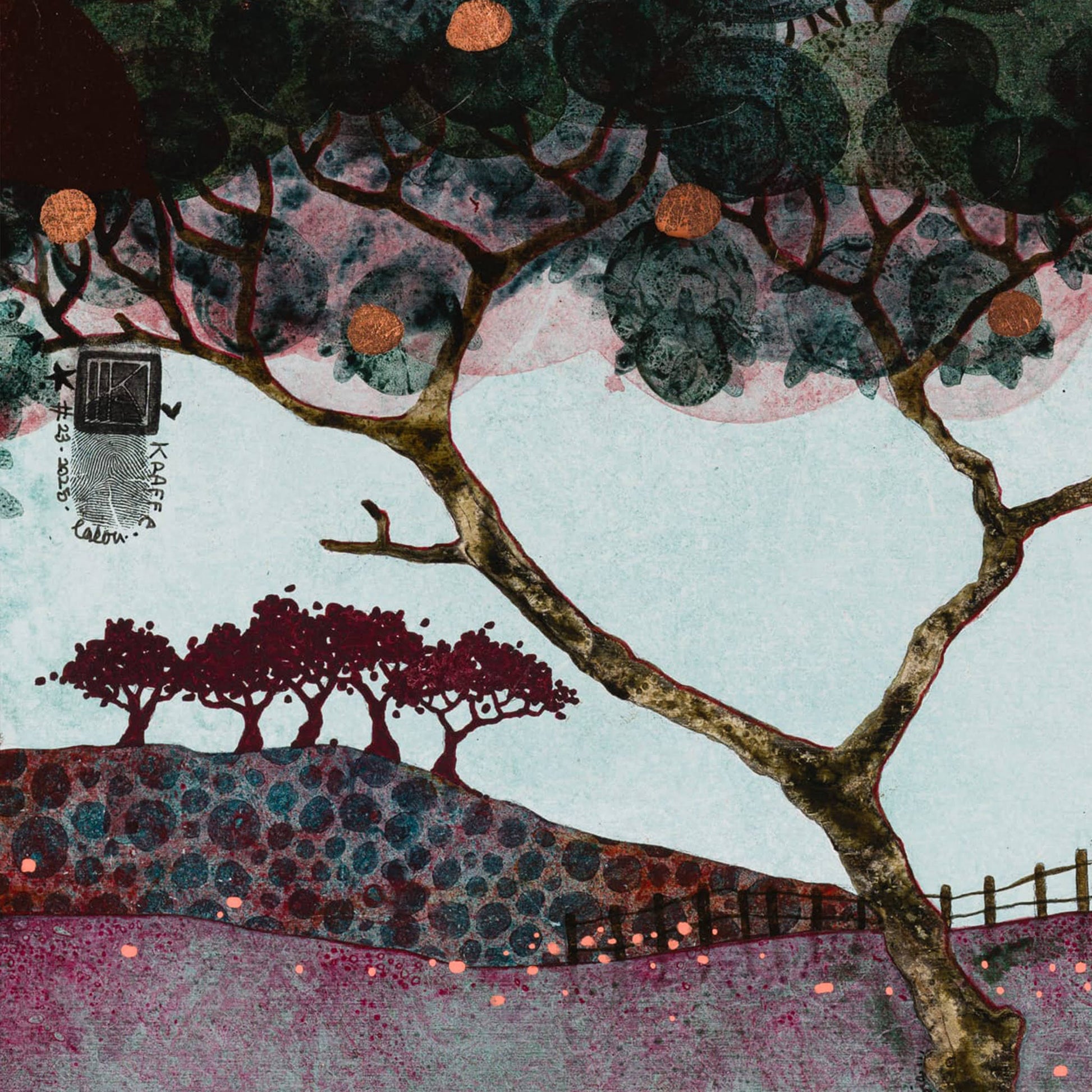 Paysage japonisant de Normandie avec pommier, douceur et sérénité, estampe japonaise, nature figurative, peinture originale