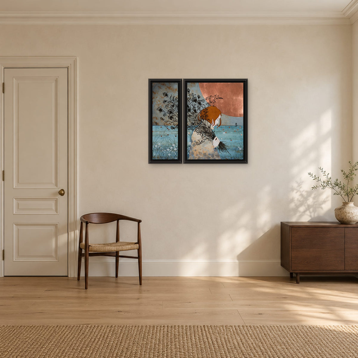 Diptyque original Heureuse, à pas de velours — deux peintures encadrées de 55 × 75 et 25 × 75 cm
