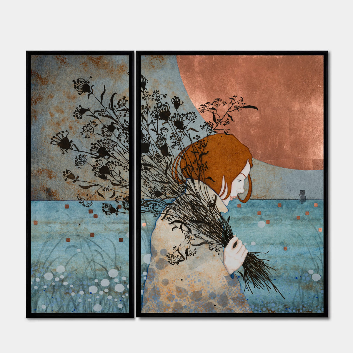 Heureuse, à pas de velours — diptyque en série limitée, 50 × 70 et 26 × 70 cm en caisses américaines noires