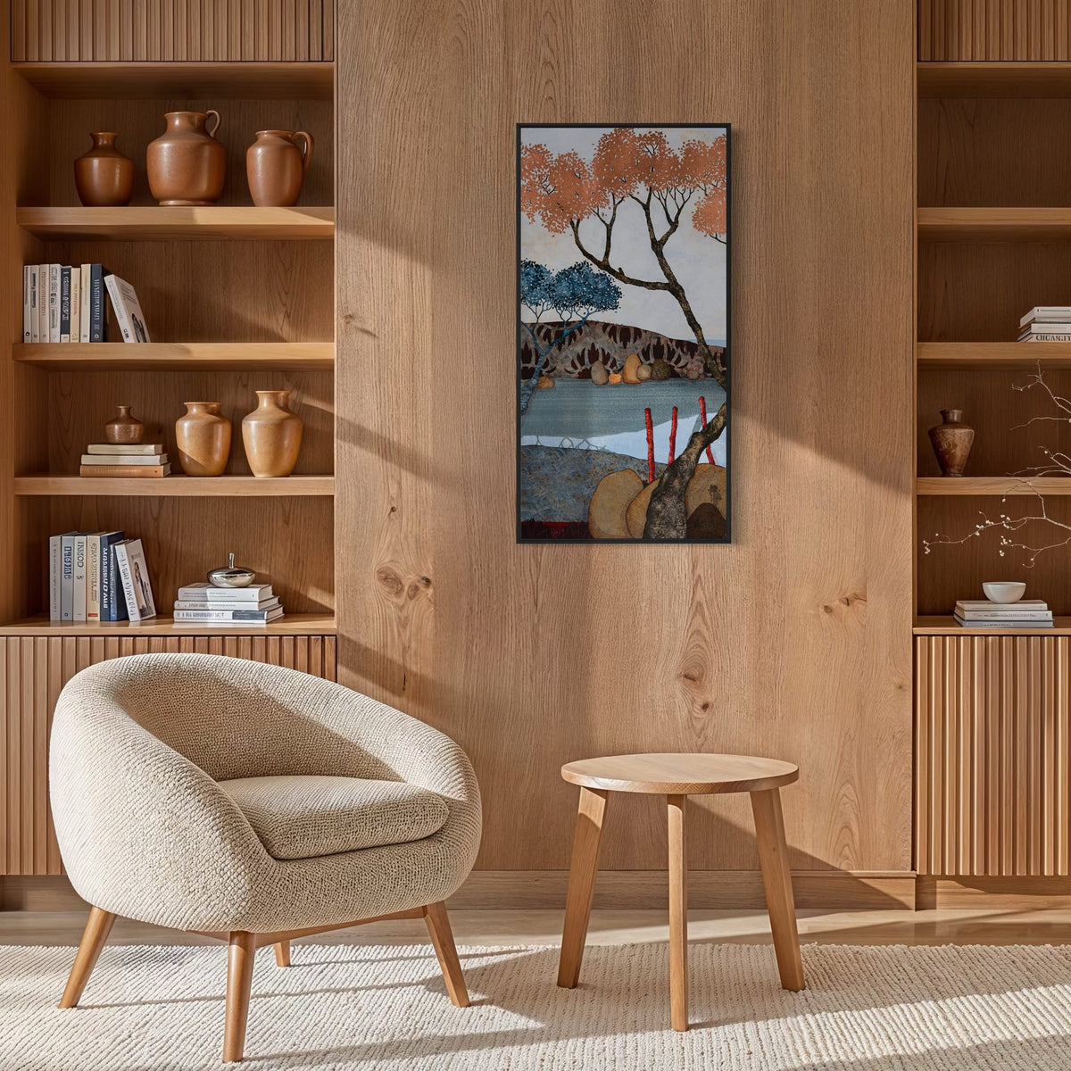 Triptyque 3A: « Je m’étais enfin échappée du tumulte… » — simulation 50 × 100 cm par panneau — bibliotheque — caisse américaine noire — Lalou Kraffe