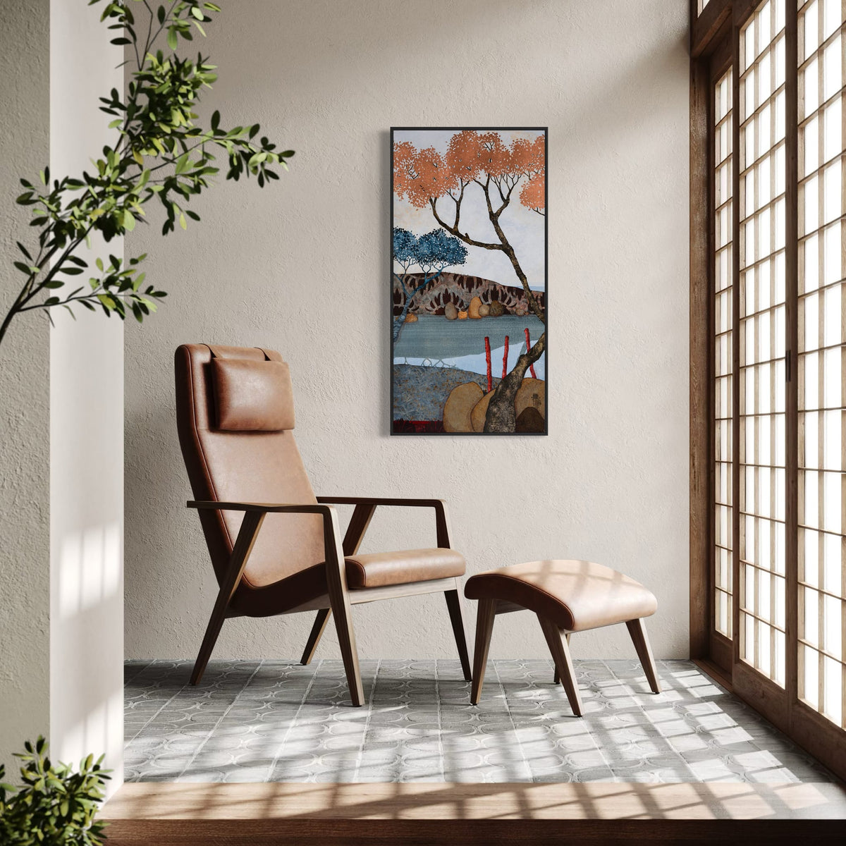 Triptyque 3A: « Je m’étais enfin échappée du tumulte… » — simulation 50 × 100 cm par panneau — fauteuil — caisse américaine noire — Lalou Kraffe