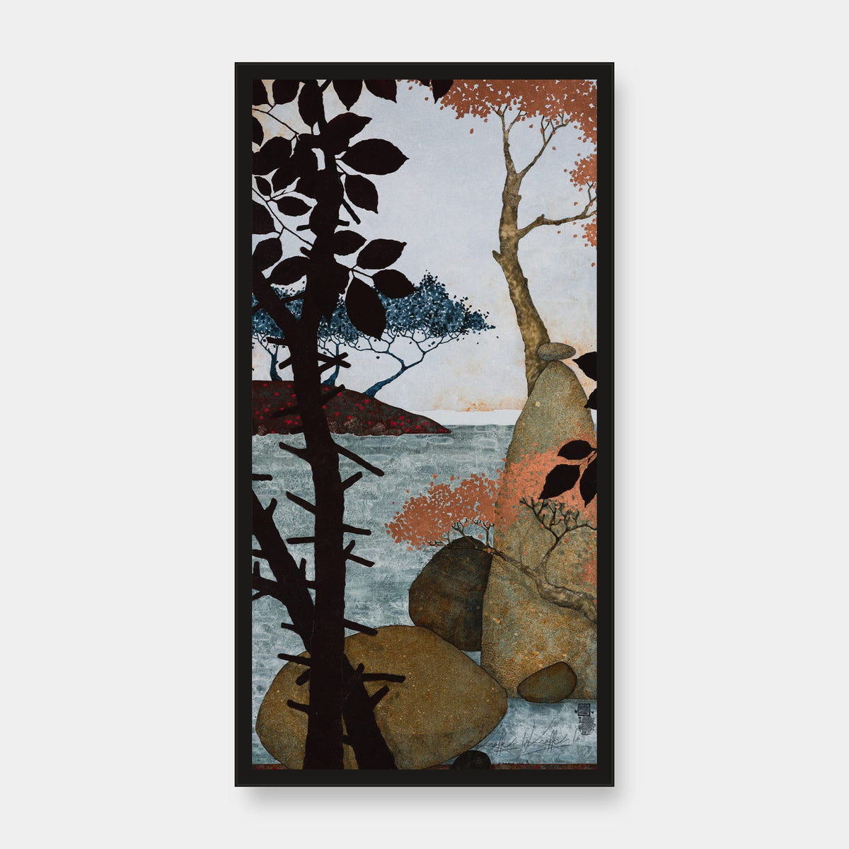 « Je me suis assise là… Et comme au théâtre… Le rideau s’est levé et la nature a joué… Bonheur » — édition d’art 30 × 60 cm avec cadre noir — vue de face