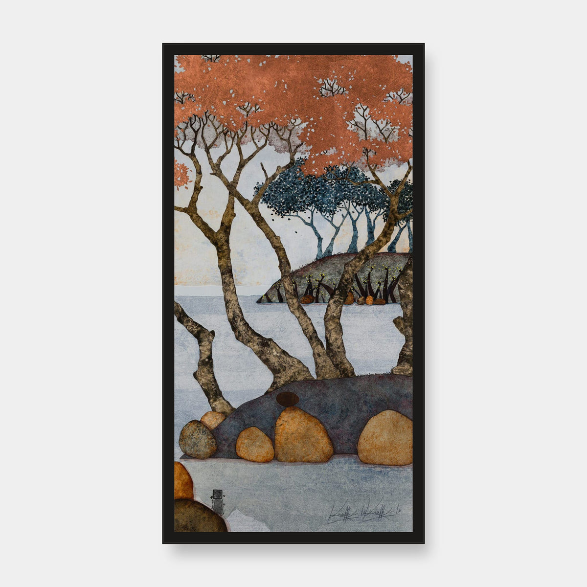 « Je posais mes fesses sur un caillou tout rond et dans la fraîcheur de l’automne je sifflais avec les rouges-gorges… » — édition d’art 30 × 60 cm avec cadre noir — vue de face