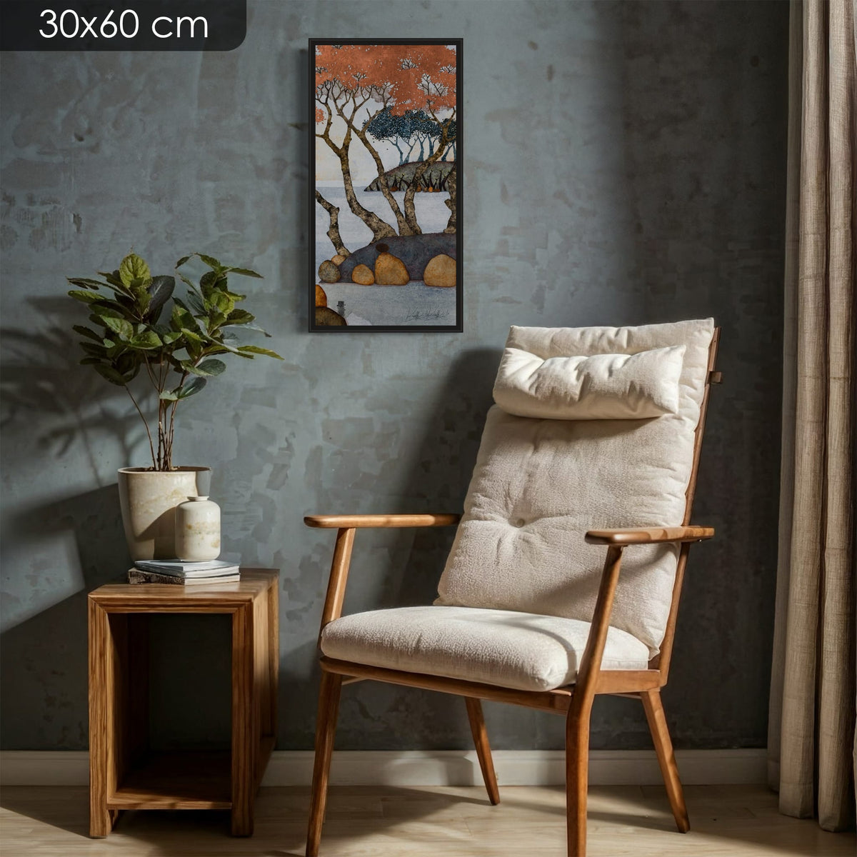« Je posais mes fesses sur un caillou tout rond et dans la fraîcheur de l’automne je sifflais avec les rouges-gorges… » — édition d’art 30 × 60 cm avec cadre noir — mise en situation