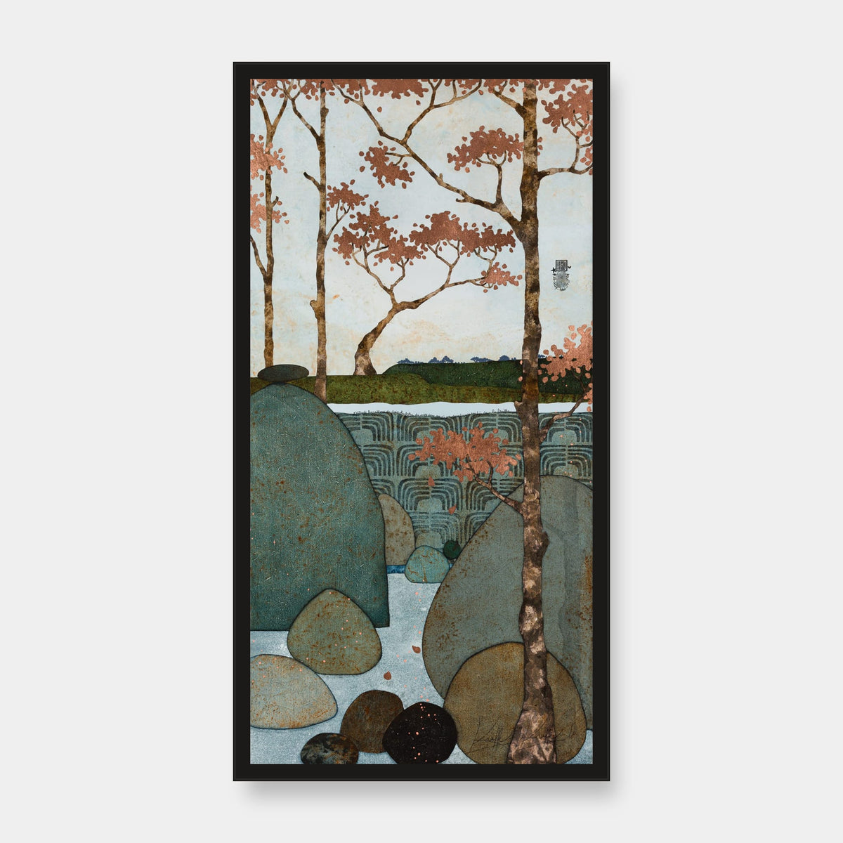 « J'entends les cailloux du chaos chuchoter des mots doux aux oiseaux moqueurs cachés dans les feuilles… » — édition d’art 30 × 60 cm avec cadre noir — vue de face