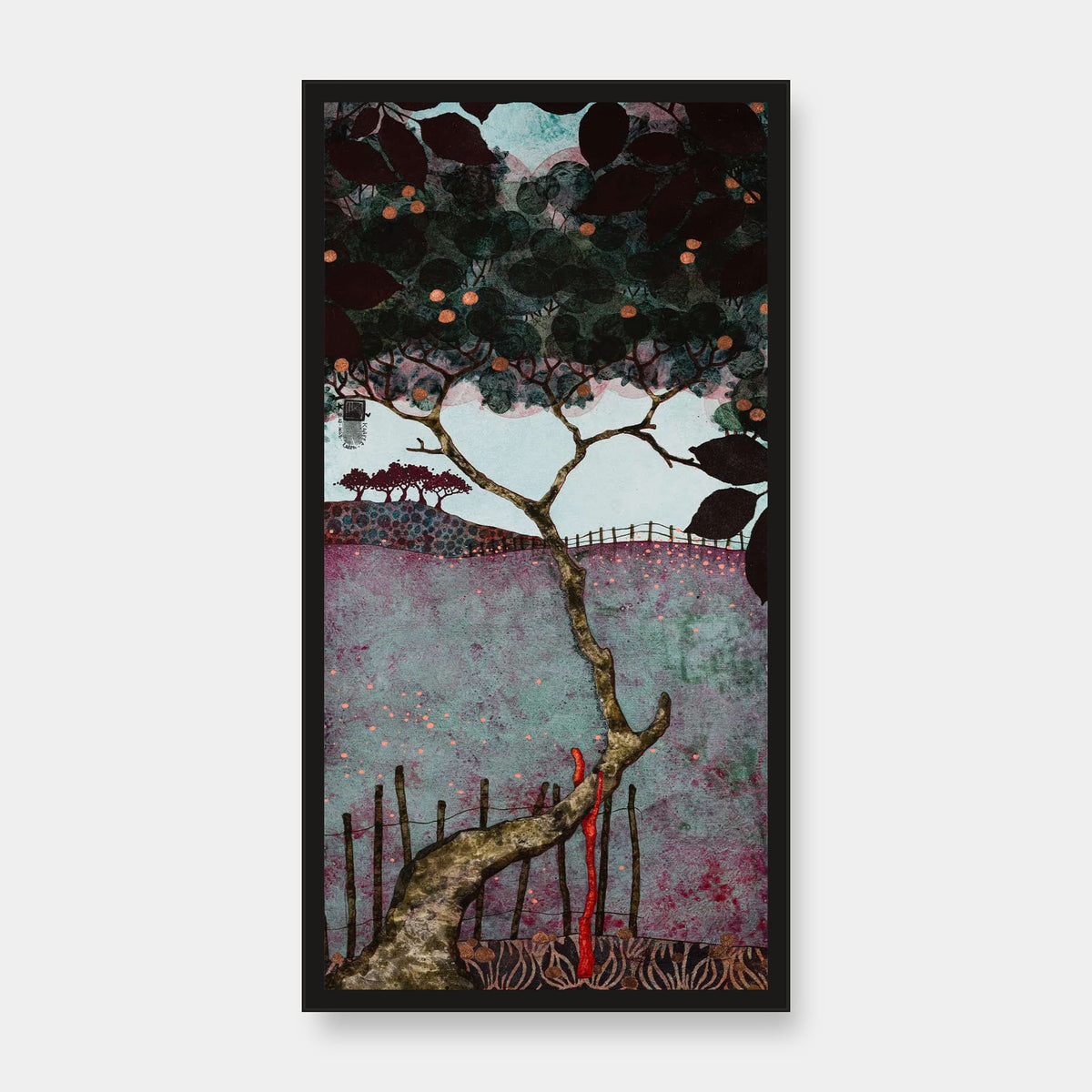 « La danse des feuilles dans la lumière du tantôt arrose mon cœur de joie » — édition d’art 30 × 60 cm avec cadre noir — vue de face