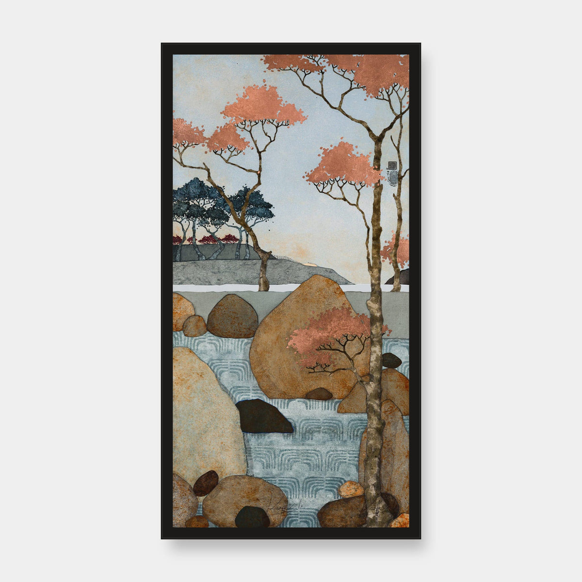 « La lumière matutinale nous promet déjà une belle journée. Je suis bien. » — édition d’art 30 × 60 cm avec cadre noir — vue de face