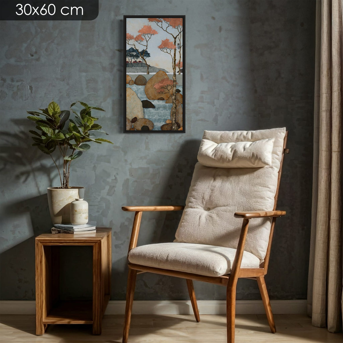 « La lumière matutinale nous promet déjà une belle journée. Je suis bien. » — édition d’art 30 × 60 cm avec cadre noir — mise en situation