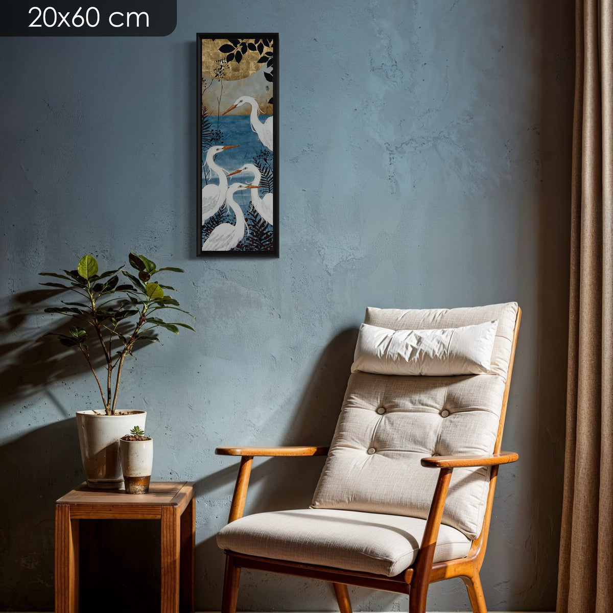 « La nature enfile son plus joli costume pour le bal des oiseaux... » — série limitée 20 × 60 cm, caisse américaine Madison noire — fauteuil-mur-bleu — Lalou Kraffe