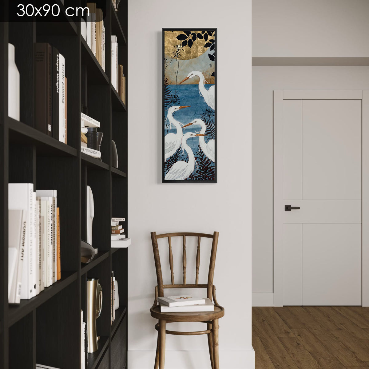 « La nature enfile son plus joli costume pour le bal des oiseaux... » — série limitée 30 × 90 cm, caisse américaine Madison noire — bibliotheque — Lalou Kraffe