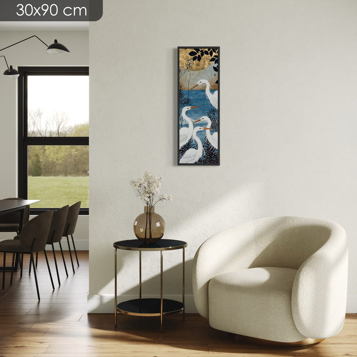 « La nature enfile son plus joli costume pour le bal des oiseaux... » — série limitée 30 × 90 cm, caisse américaine Madison noire — fauteuil-clair — Lalou Kraffe