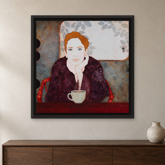 Tableau original : « Le premier thé du matin, un Pu erh brûlant qui attrape la main et dit: Viens ! » — œuvre originale encadrée en situation, Lalou Kraffe