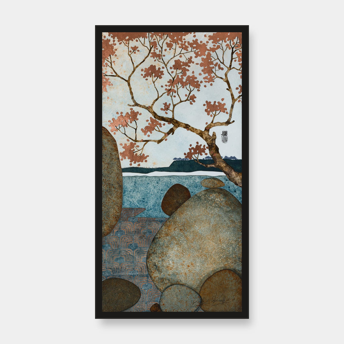 « Le soleil embrasse mon coeur, caresse les feuilles, douce torpeur… » — édition d’art 30 × 60 cm avec cadre noir — vue de face