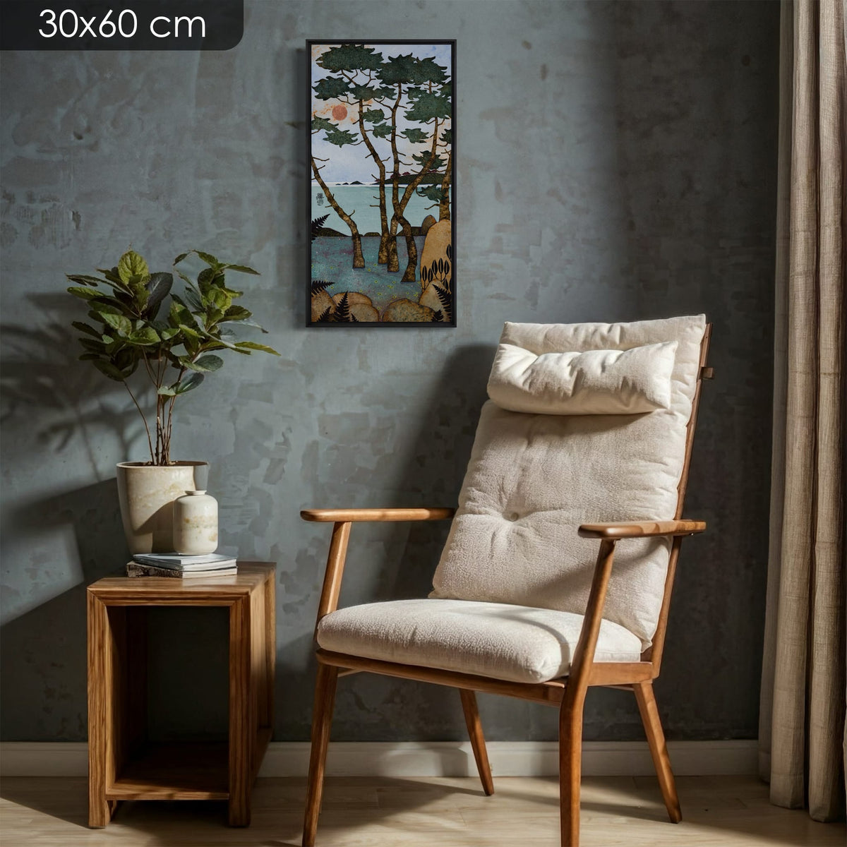 Aujourd'hui je lézarde allongée sur la pierre chaude qui caresse mon coeur... — simulation 30 × 60 cm — caisse américaine Madison noire — fauteuil — Lalou Kraffe