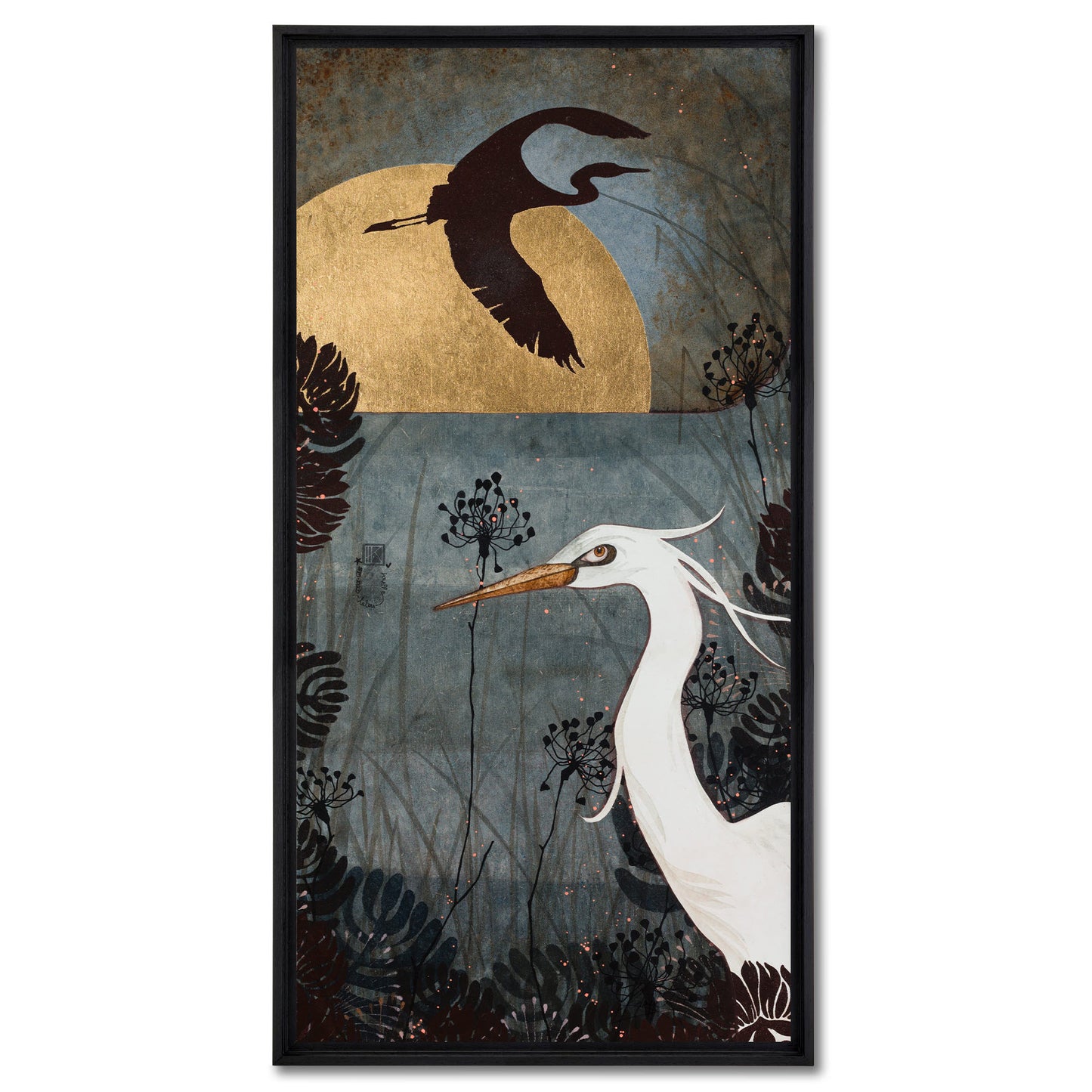 Nature et aigrette, galerie KLE, Lalou Kraffe, Pont-Aven, Auray, Honfleur, oiseaux figuratifs