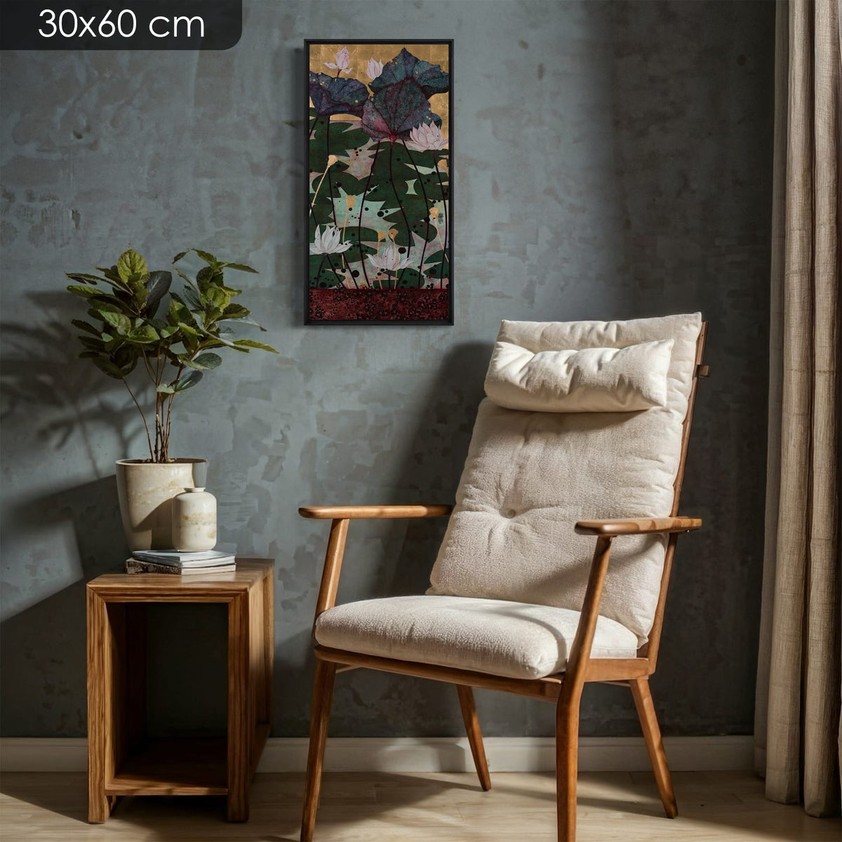 Après ce bain parmi les nénuphars je n'avais qu'une hâte... me blottir dans tes bras amoureux — simulation 30 × 60 cm — caisse américaine Madison noire — fauteuil — Lalou Kraffe
