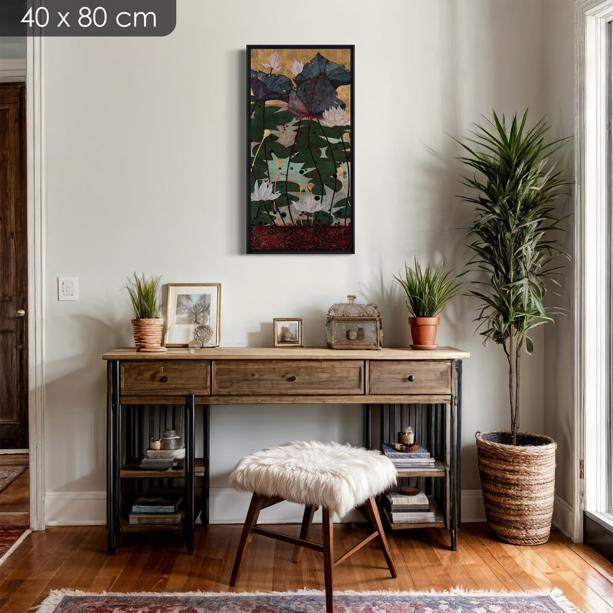 Après ce bain parmi les nénuphars je n'avais qu'une hâte... me blottir dans tes bras amoureux — simulation 40 × 80 cm — caisse américaine Madison noire — console — Lalou Kraffe