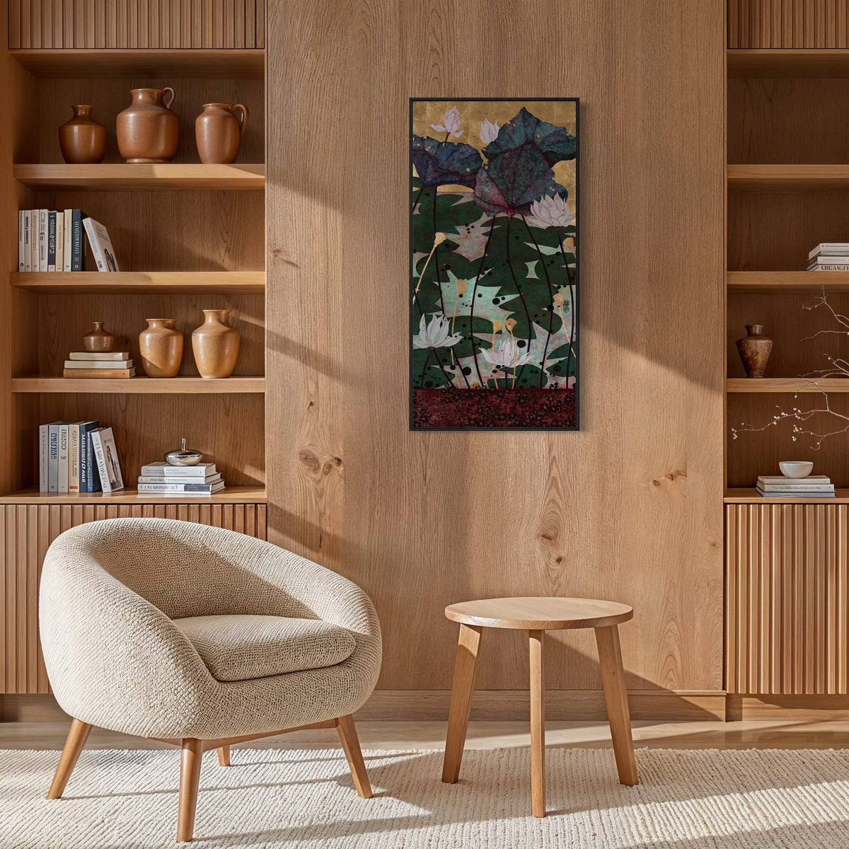 Après ce bain parmi les nénuphars je n'avais qu'une hâte... me blottir dans tes bras amoureux — simulation 50 × 100 cm — caisse américaine Madison noire — bibliotheque — Lalou Kraffe