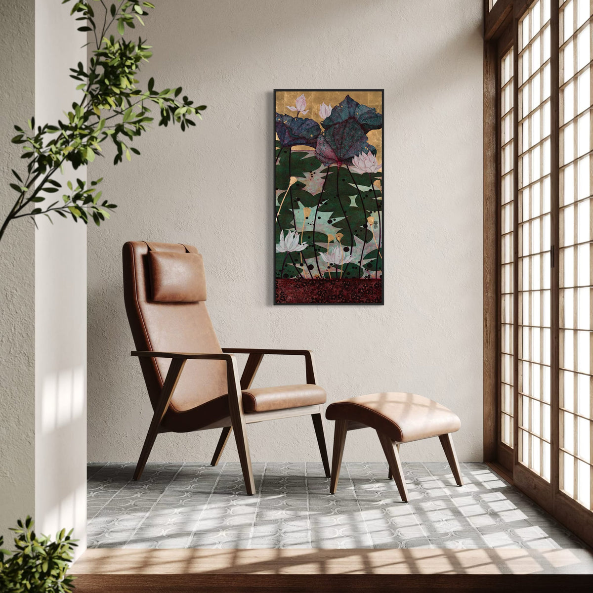 Après ce bain parmi les nénuphars je n'avais qu'une hâte... me blottir dans tes bras amoureux — simulation 50 × 100 cm — caisse américaine Madison noire — fauteuil — Lalou Kraffe