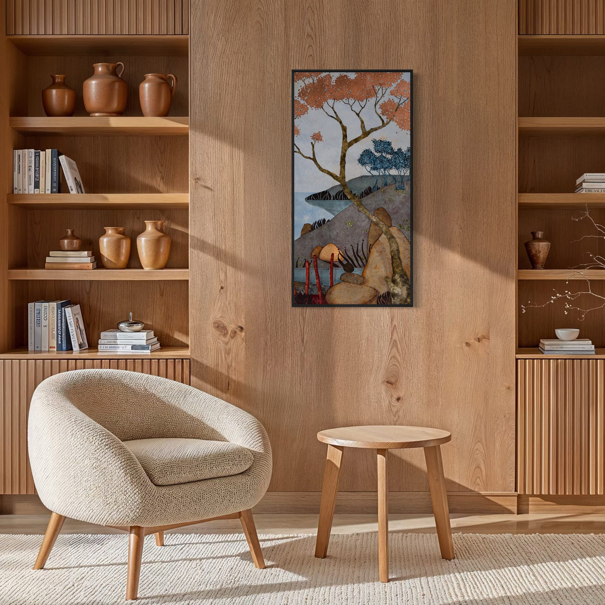 Triptyque 3C: « À écouter les oiseaux et contempler le grand théâtre… » — simulation 50 × 100 cm par panneau — bibliotheque — caisse américaine noire — Lalou Kraffe
