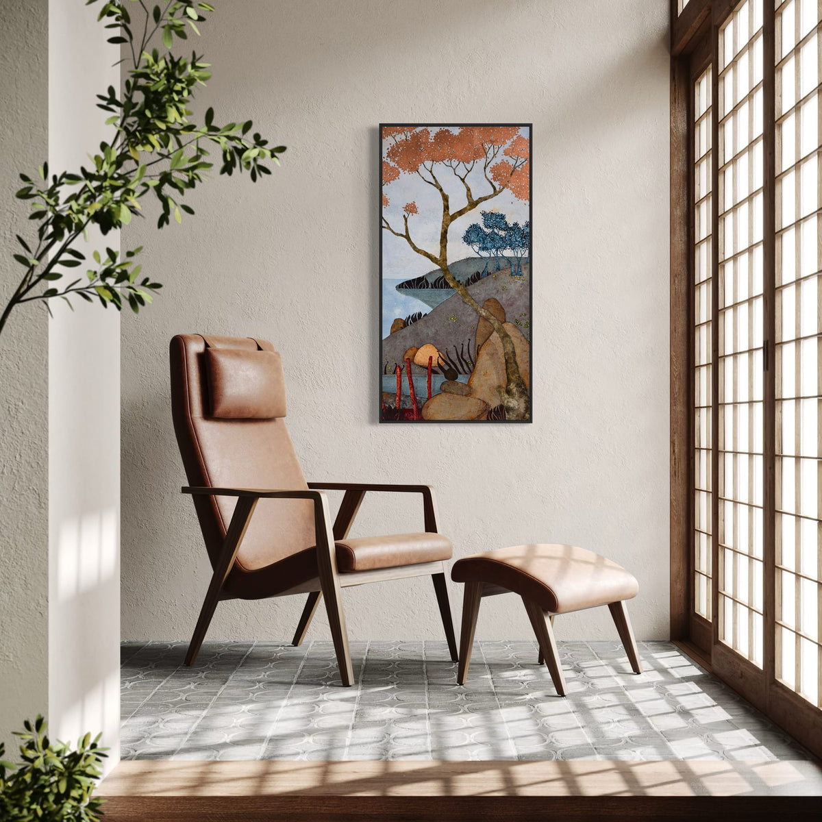 Triptyque 3C: « À écouter les oiseaux et contempler le grand théâtre… » — simulation 50 × 100 cm par panneau — fauteuil — caisse américaine noire — Lalou Kraffe