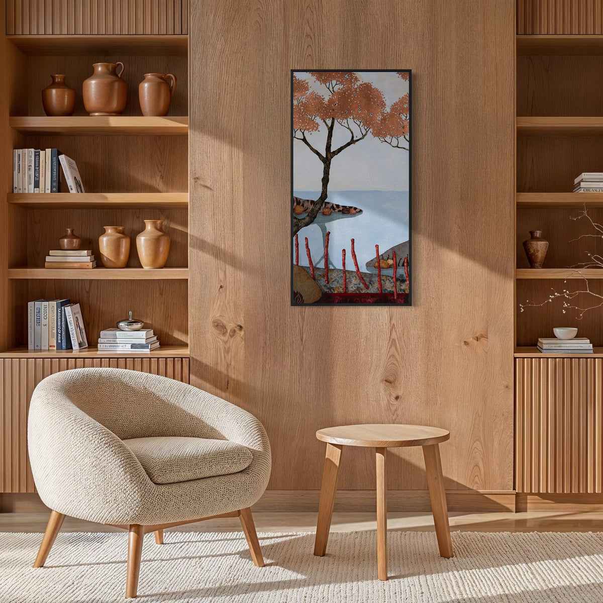 Triptyque 3B: « Et je me retrouvais là, assise, ici ou ici... » — simulation 50 × 100 cm par panneau — bibliotheque — caisse américaine noire — Lalou Kraffe