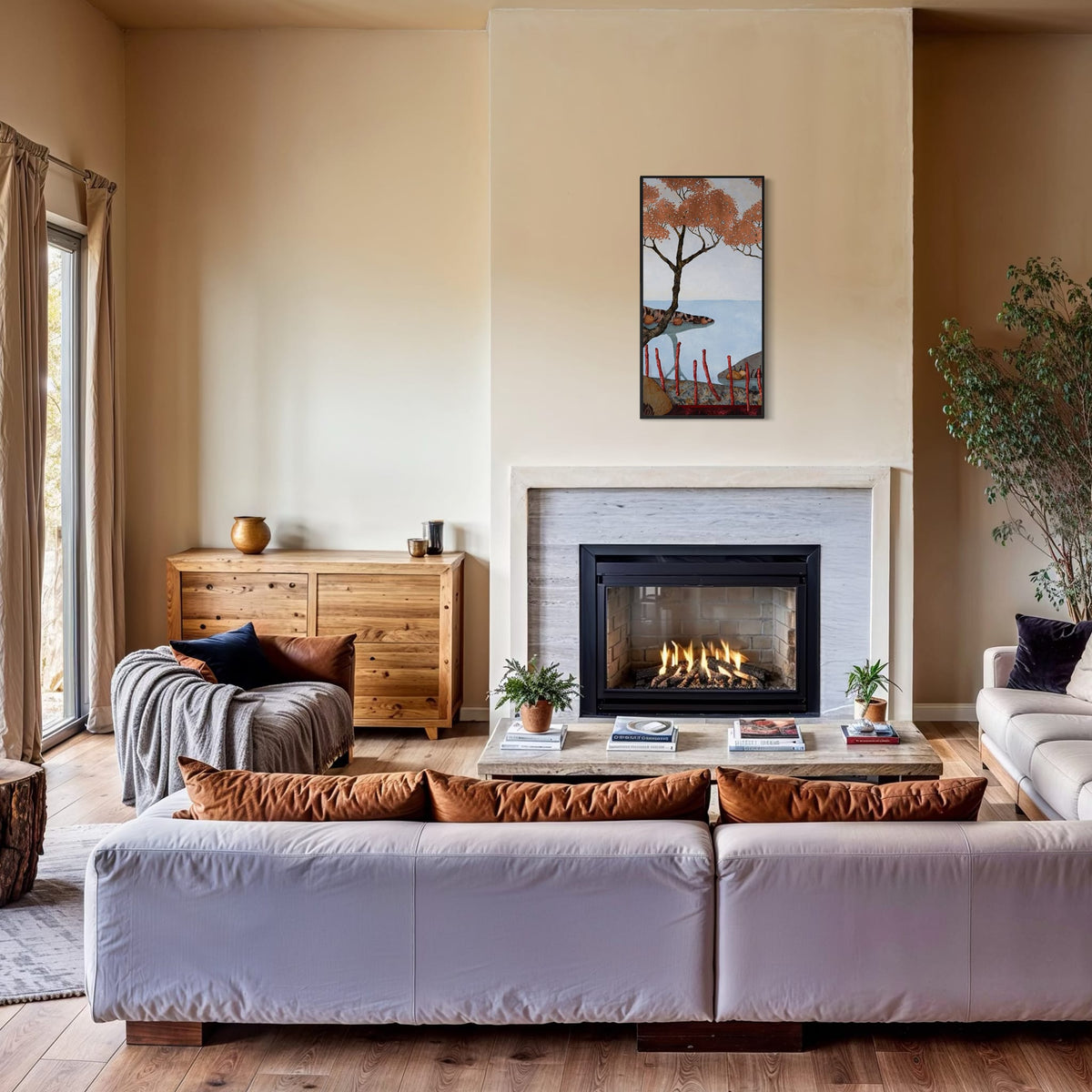 Triptyque 3B: « Et je me retrouvais là, assise, ici ou ici... » — simulation 50 × 100 cm par panneau — cheminee — caisse américaine noire — Lalou Kraffe