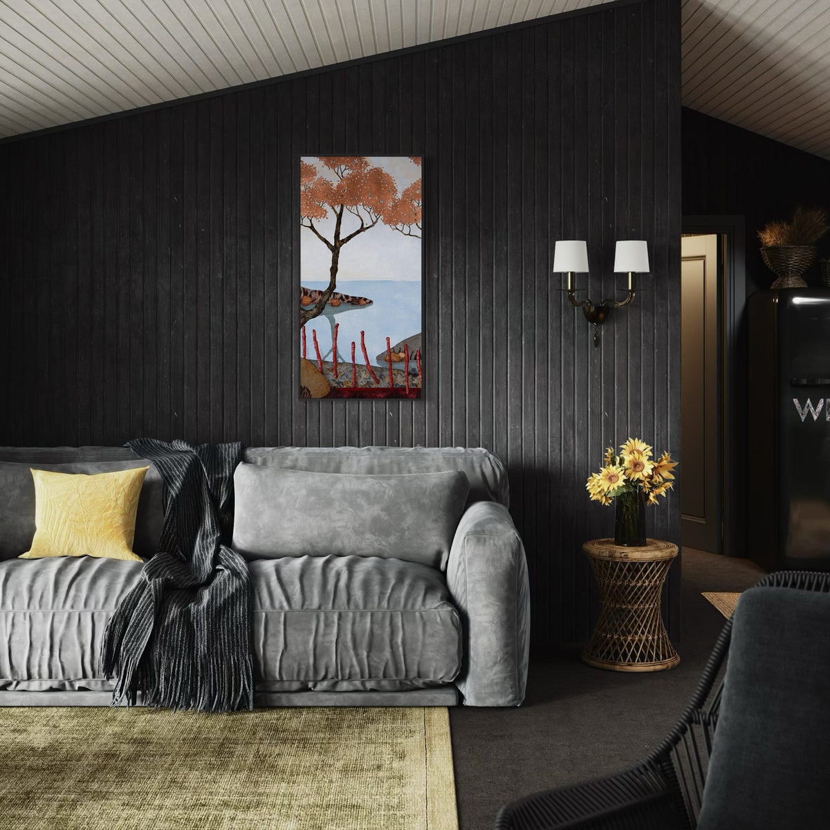 Triptyque 3B: « Et je me retrouvais là, assise, ici ou ici... » — simulation 50 × 100 cm par panneau — salon sombre — caisse américaine noire — Lalou Kraffe