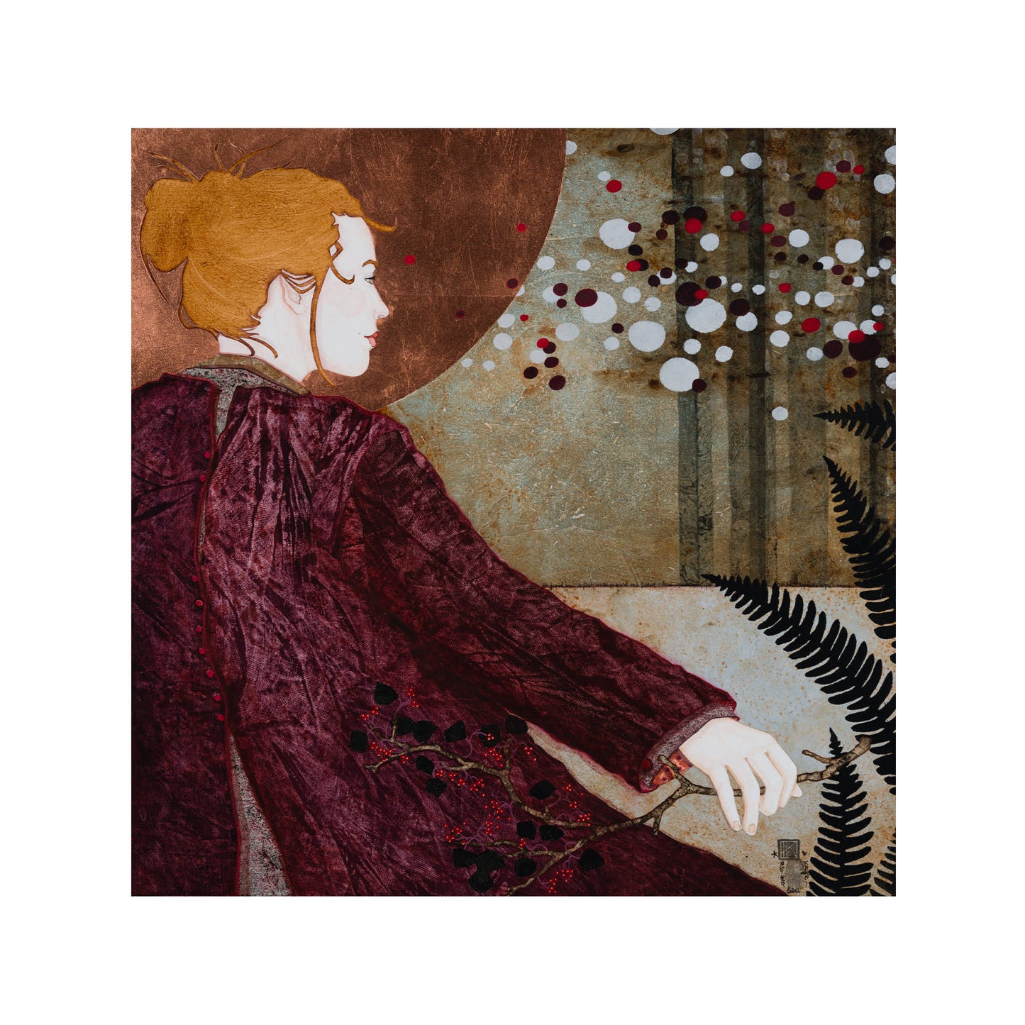 Portrait de femme moderne et figuratif, arts décoratifs, nature et tranquillité poétique en Normandie et Bretagne, peinture originale, artiste féminine