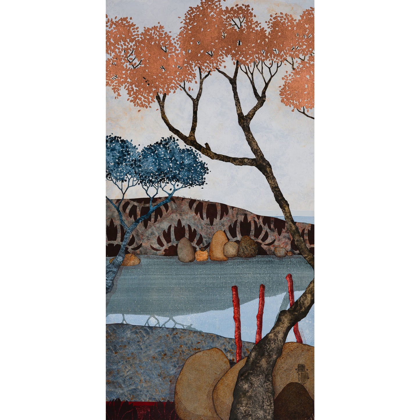 Paysage japonisant de Normandie avec pommier, douceur et sérénité, estampe japonaise, nature figurative, peinture originale