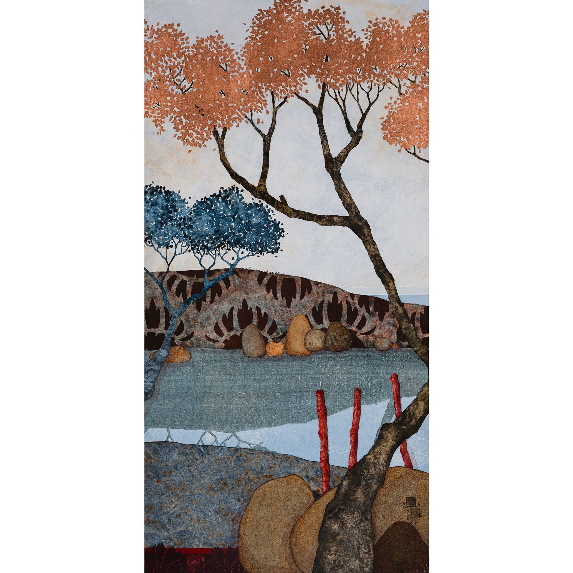 Paysage japonisant de Normandie avec pommier, douceur et sérénité, estampe japonaise, nature figurative, peinture originale