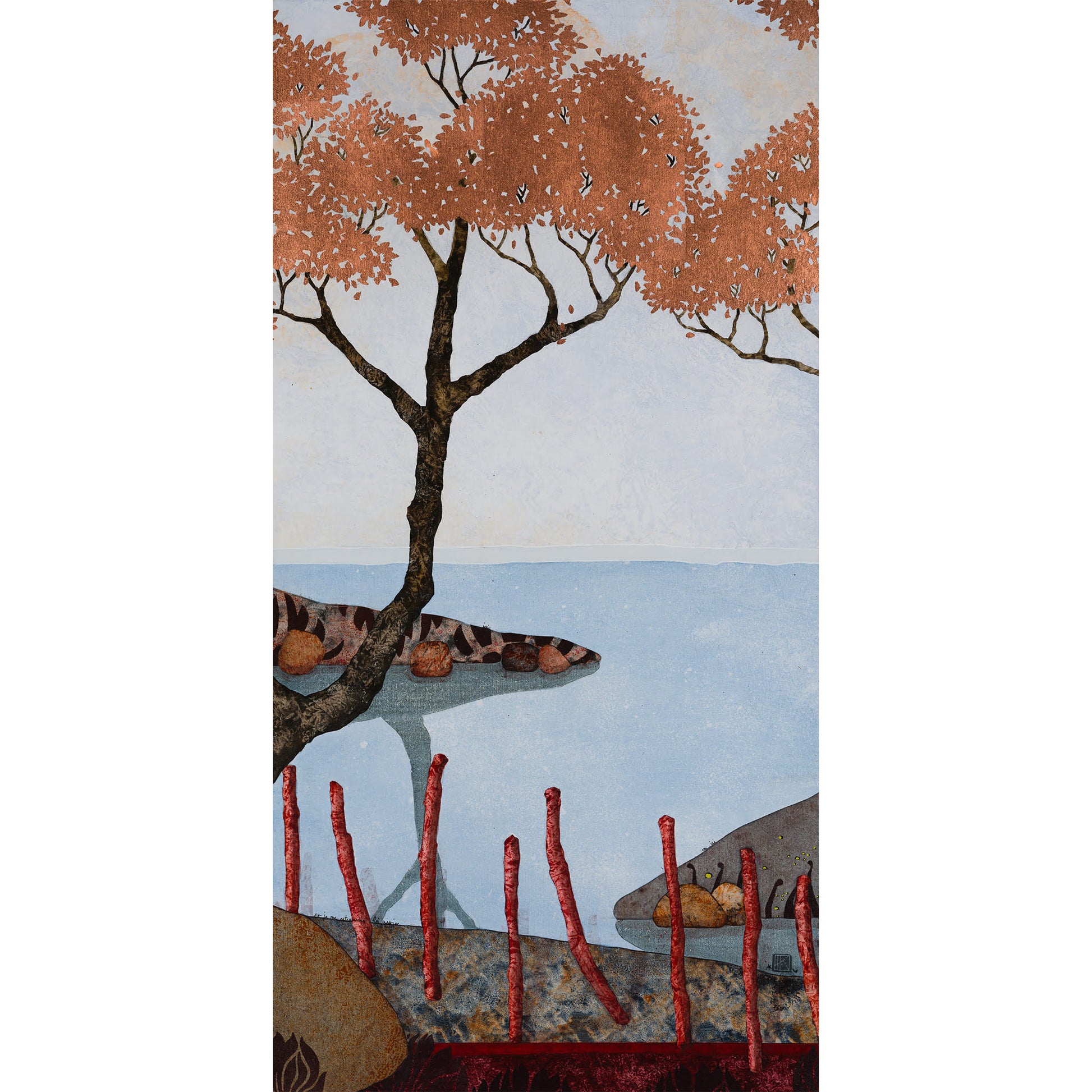 Paysage japonisant de Normandie avec pommier, douceur et sérénité, estampe japonaise, nature figurative, peinture originale
