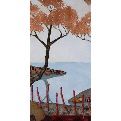 Paysage japonisant de Normandie avec pommier, douceur et sérénité, estampe japonaise, nature figurative, peinture originale
