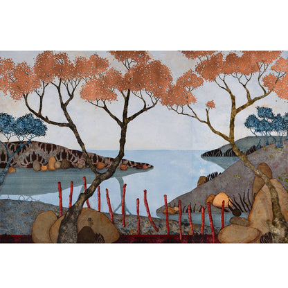 Peinture originale de Lalou Kraffe à la Galerie KLE, paysages japonisants, triptyque, Auray, Pont-Aven et Honfleur