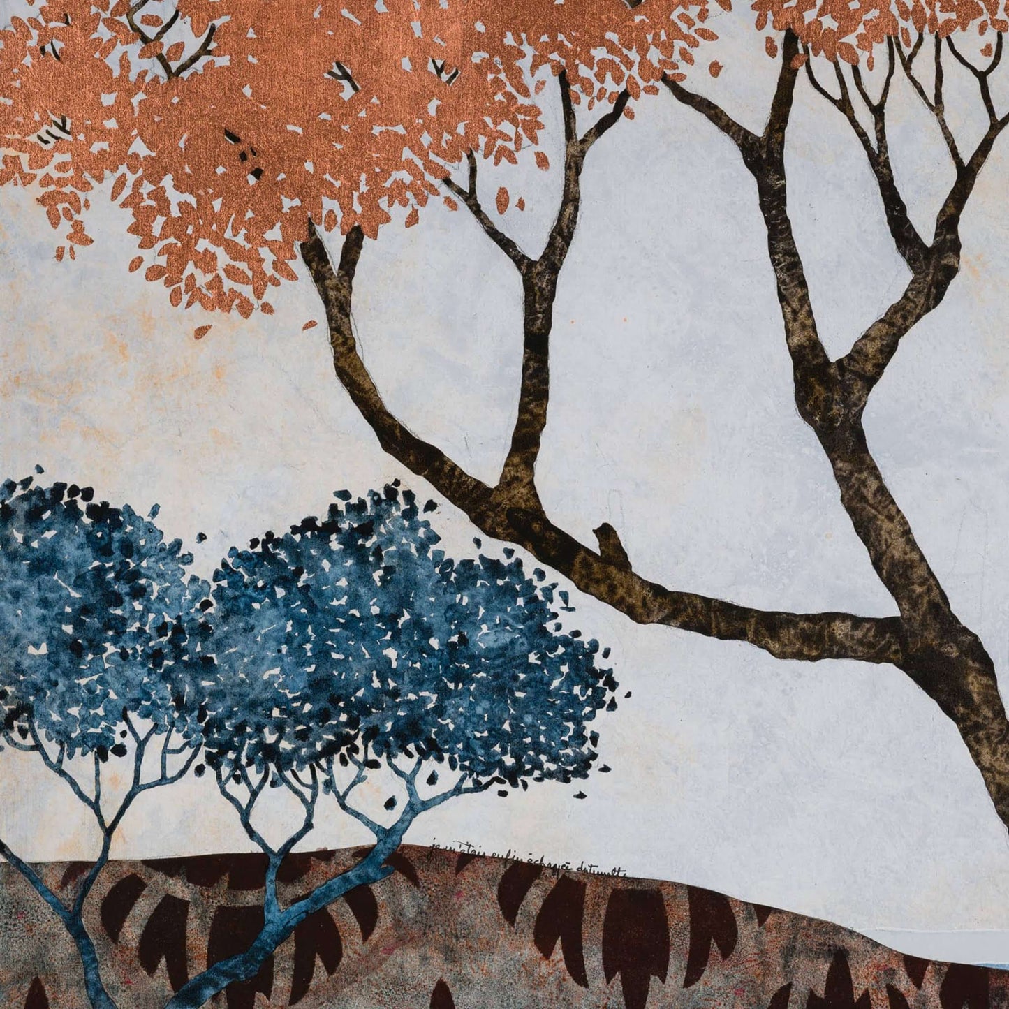Paysage japonisant de Normandie avec pommier, douceur et sérénité, estampe japonaise, nature figurative, peinture originale