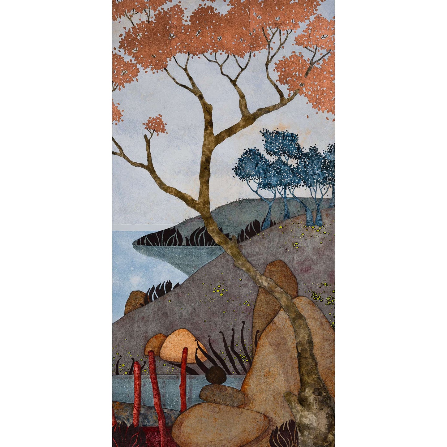 Paysage japonisant de Normandie avec pommier, douceur et sérénité, estampe japonaise, nature figurative, peinture originale