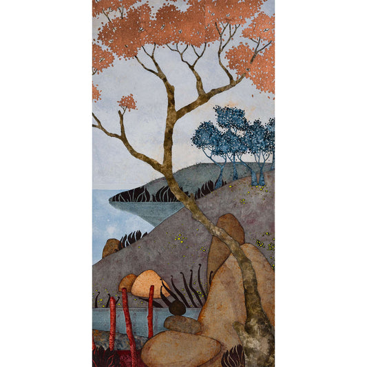 Peinture originale de Lalou Kraffe à la Galerie KLE, paysages japonisants, triptyque, Auray, Pont-Aven et Honfleur