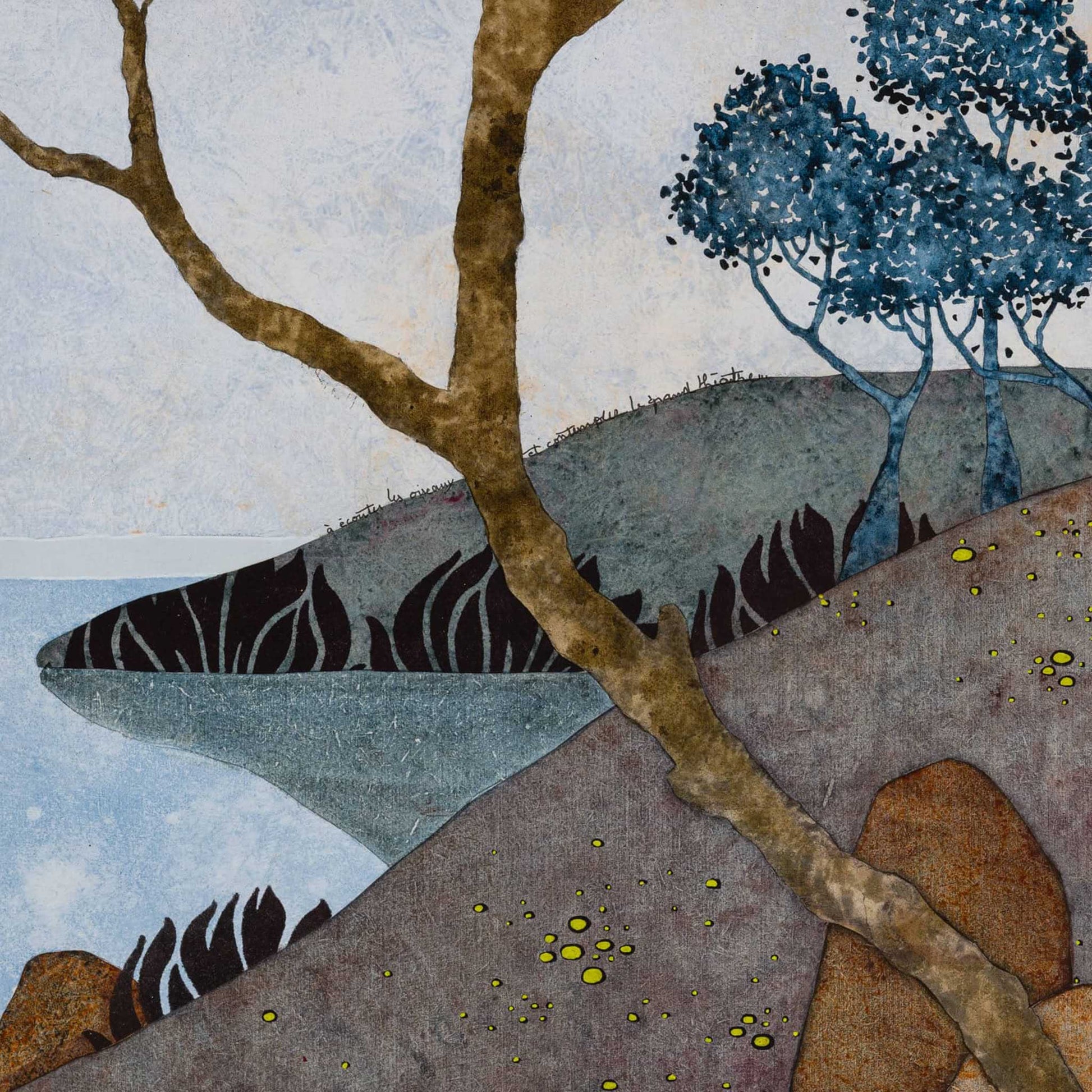 Paysage japonisant de Normandie avec pommier, douceur et sérénité, estampe japonaise, nature figurative, peinture originale