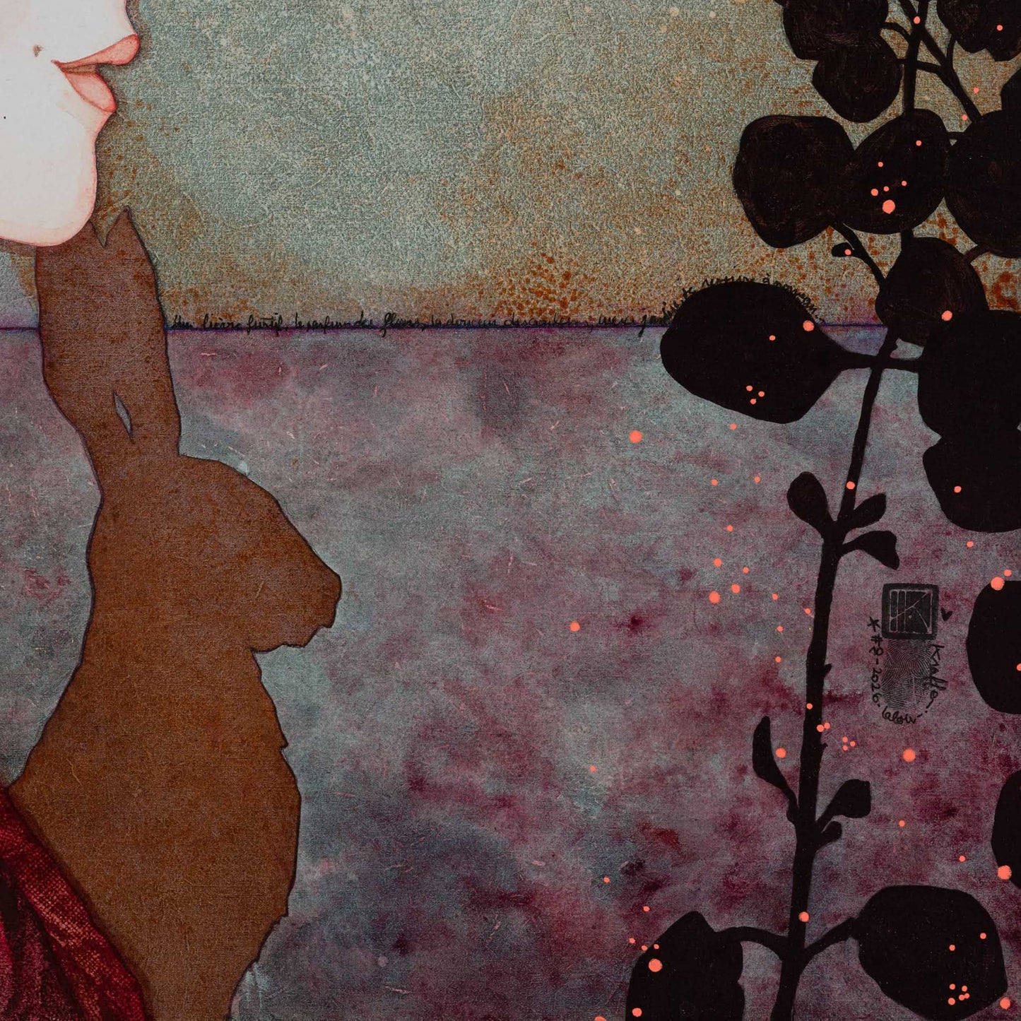 Tableau original : « Un lièvre furtif, le parfum des fleurs, la douceur des couleurs, merci jardin, je respire à nouveau »