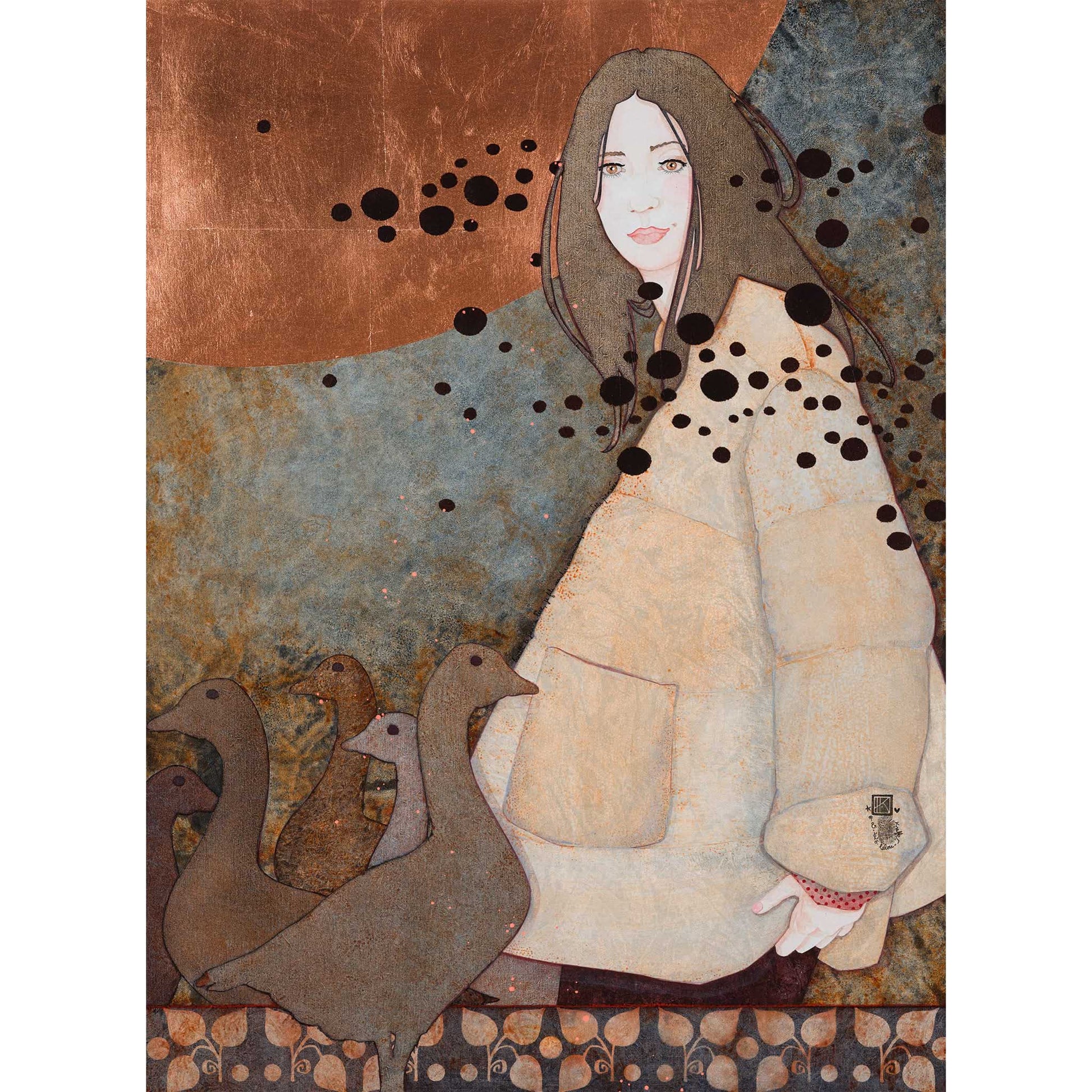 Portrait de femme moderne et figuratif, arts décoratifs, nature et tranquillité poétique en Normandie et Bretagne, peinture originale
