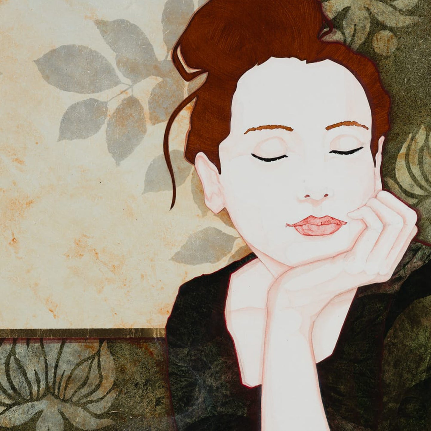 Portrait, Femme, Rêverie, Lalou Kraffe, Galerie KLE, Peinture originale, Figurative, Bretagne, Normandie