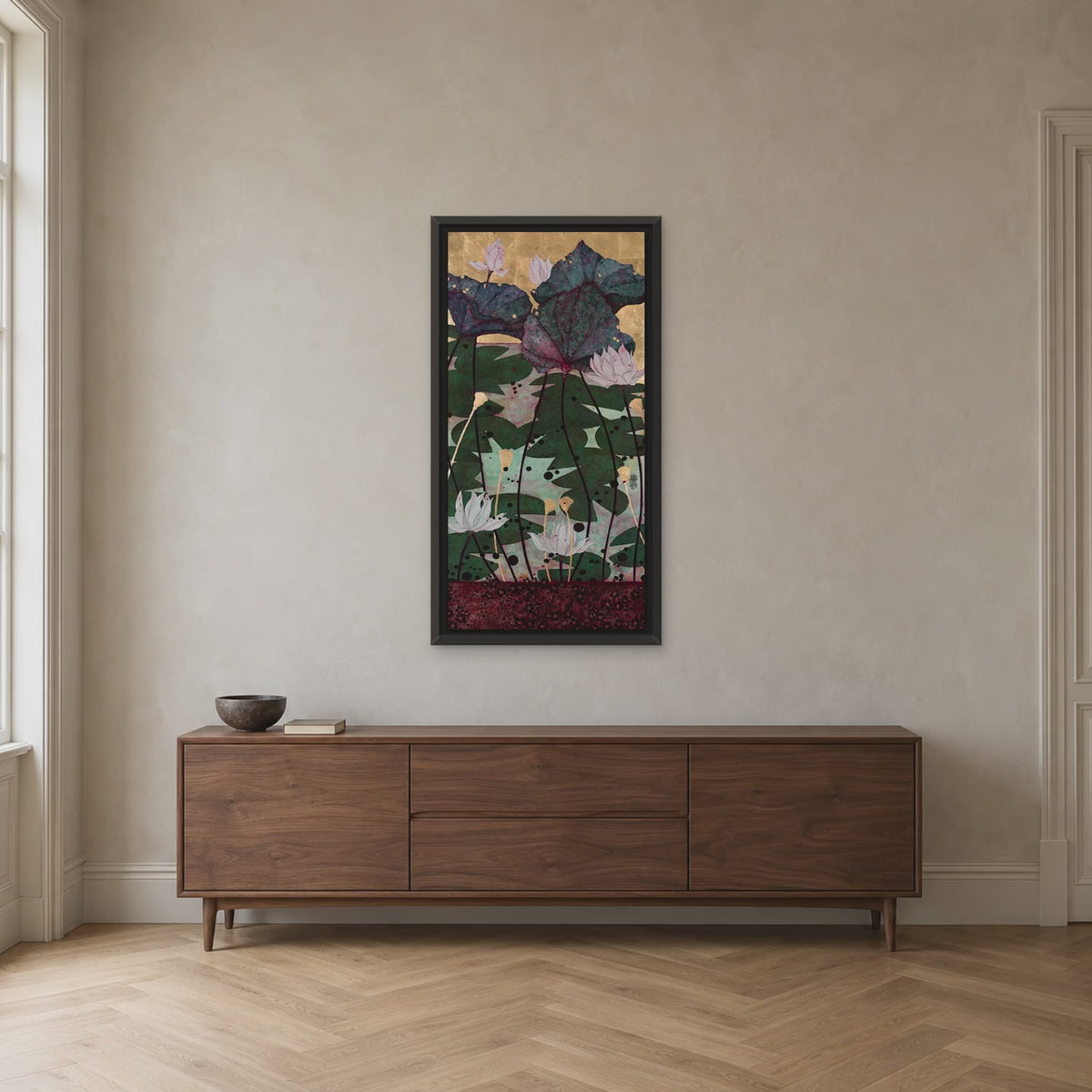Après ce bain parmi les nénuphars — tableau original 50 × 100 cm en situation, animation douce