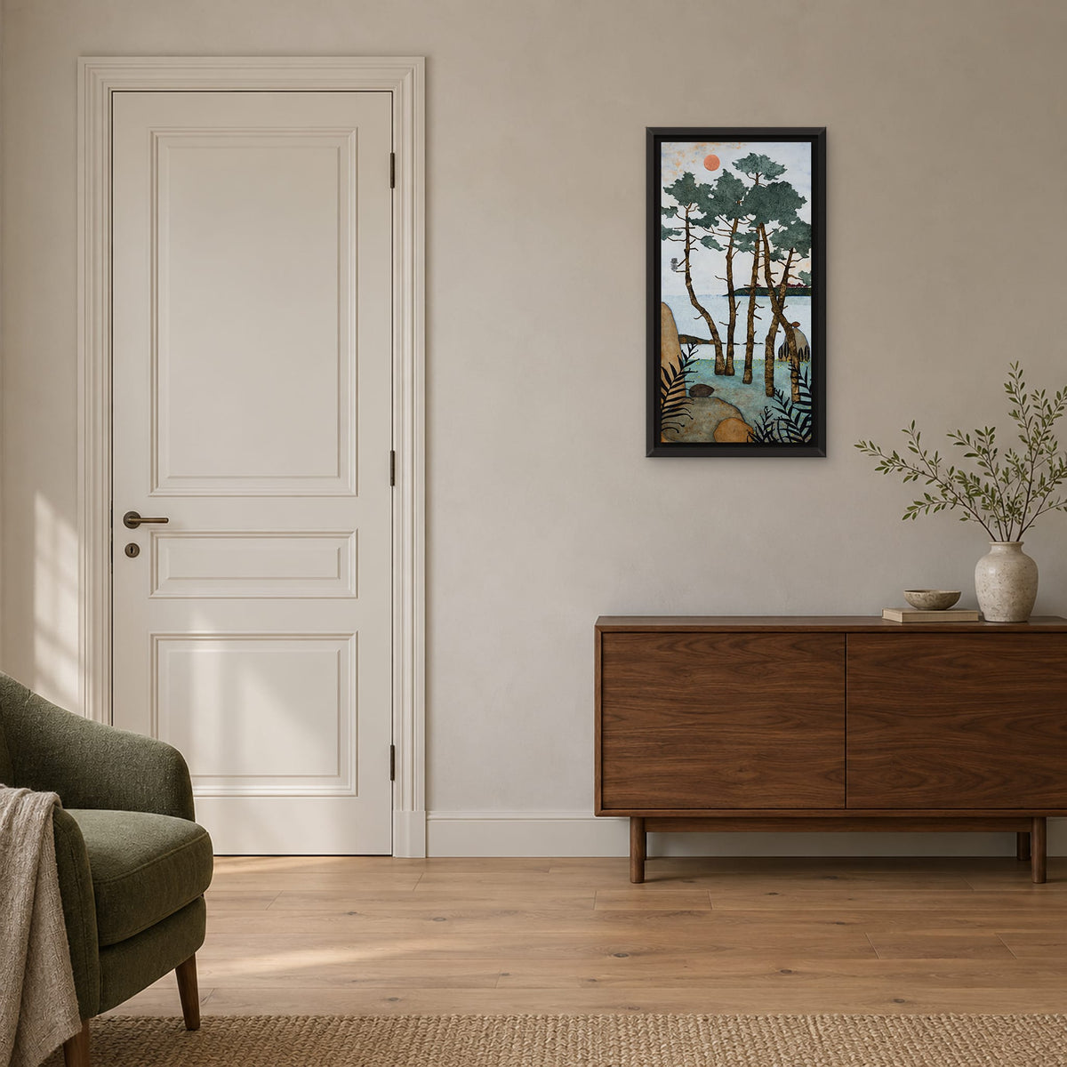 Allongée sur un lit de fougères odorantes — peinture originale 40 × 80 cm en caisse américaine XL noire 48 × 88 cm — mise en situation avec une porte comme repère d’échelle