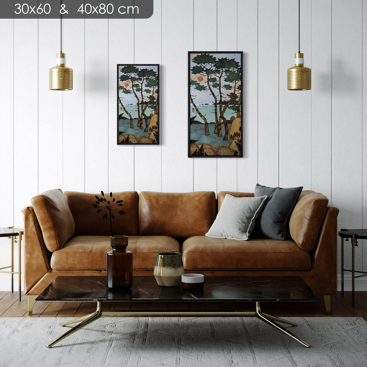 Aujourd'hui je lézarde allongée sur la pierre chaude qui caresse mon coeur... — comparaison du même visuel en 30 × 60 et 40 × 80 cm (deux formats vendus séparément) — caisse américaine Madison noire — salon-clair — Lalou Kraffe