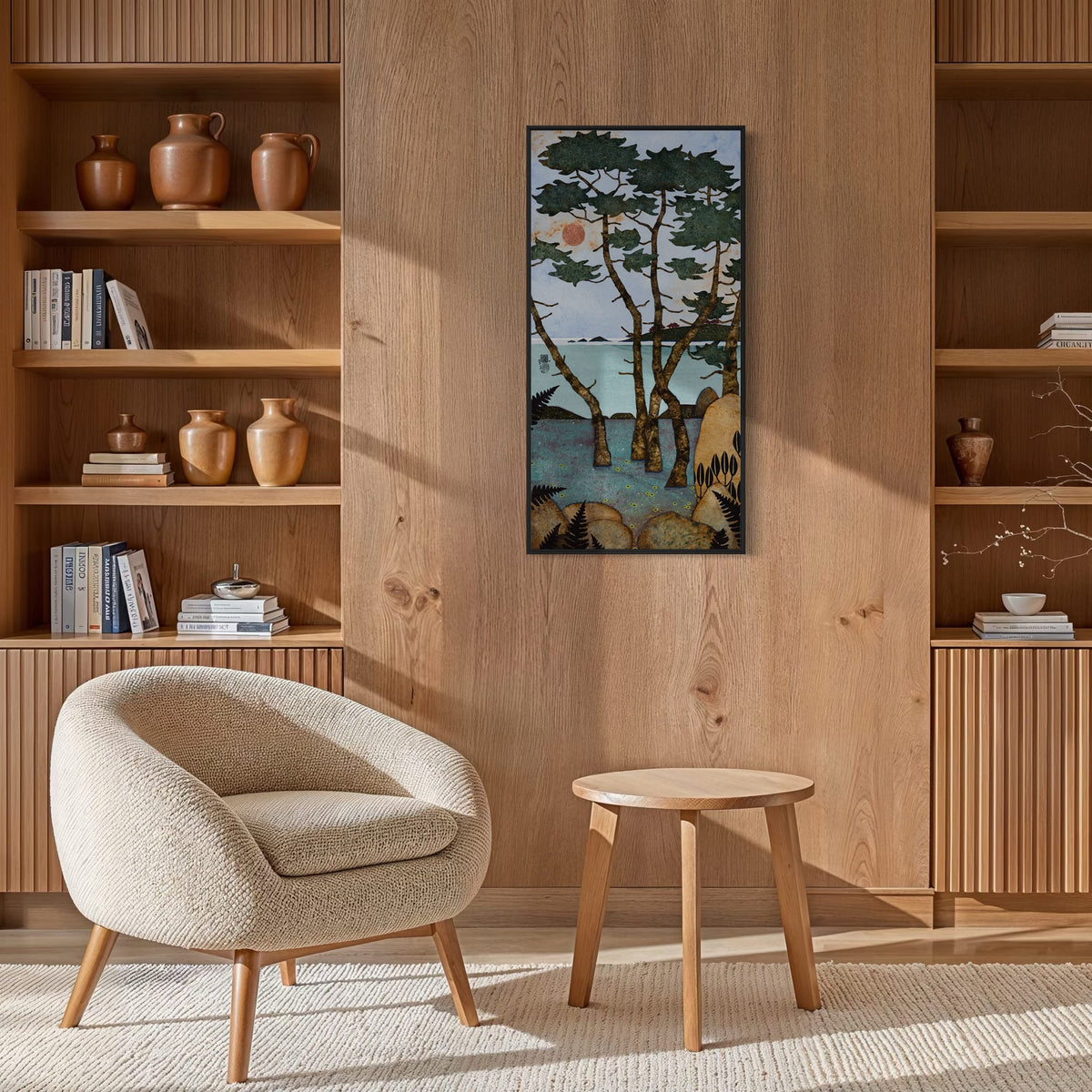 Aujourd'hui je lézarde allongée sur la pierre chaude qui caresse mon coeur... — simulation 50 × 100 cm — caisse américaine Madison noire — bibliotheque — Lalou Kraffe