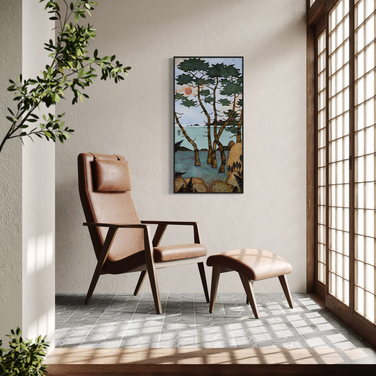 Aujourd'hui je lézarde allongée sur la pierre chaude qui caresse mon coeur... — simulation 50 × 100 cm — caisse américaine Madison noire — fauteuil — Lalou Kraffe
