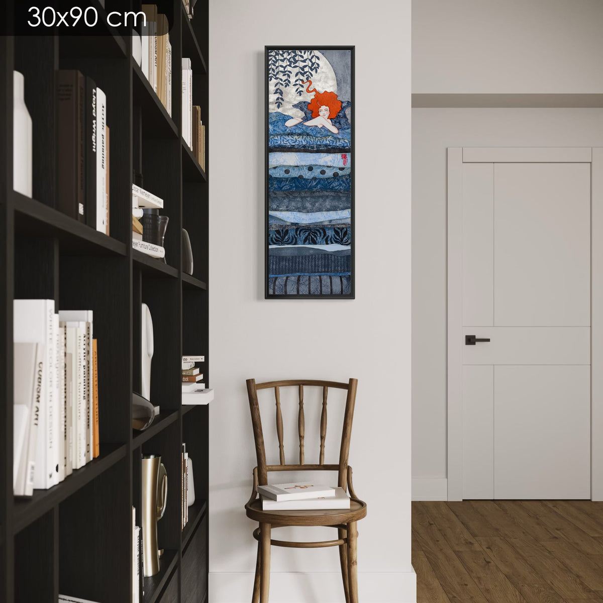 « Ta peau de lait est un dessert parfait pour mon invitée, la lune... » — série limitée 30 × 90 cm, caisse américaine Madison noire — bibliotheque — Lalou Kraffe