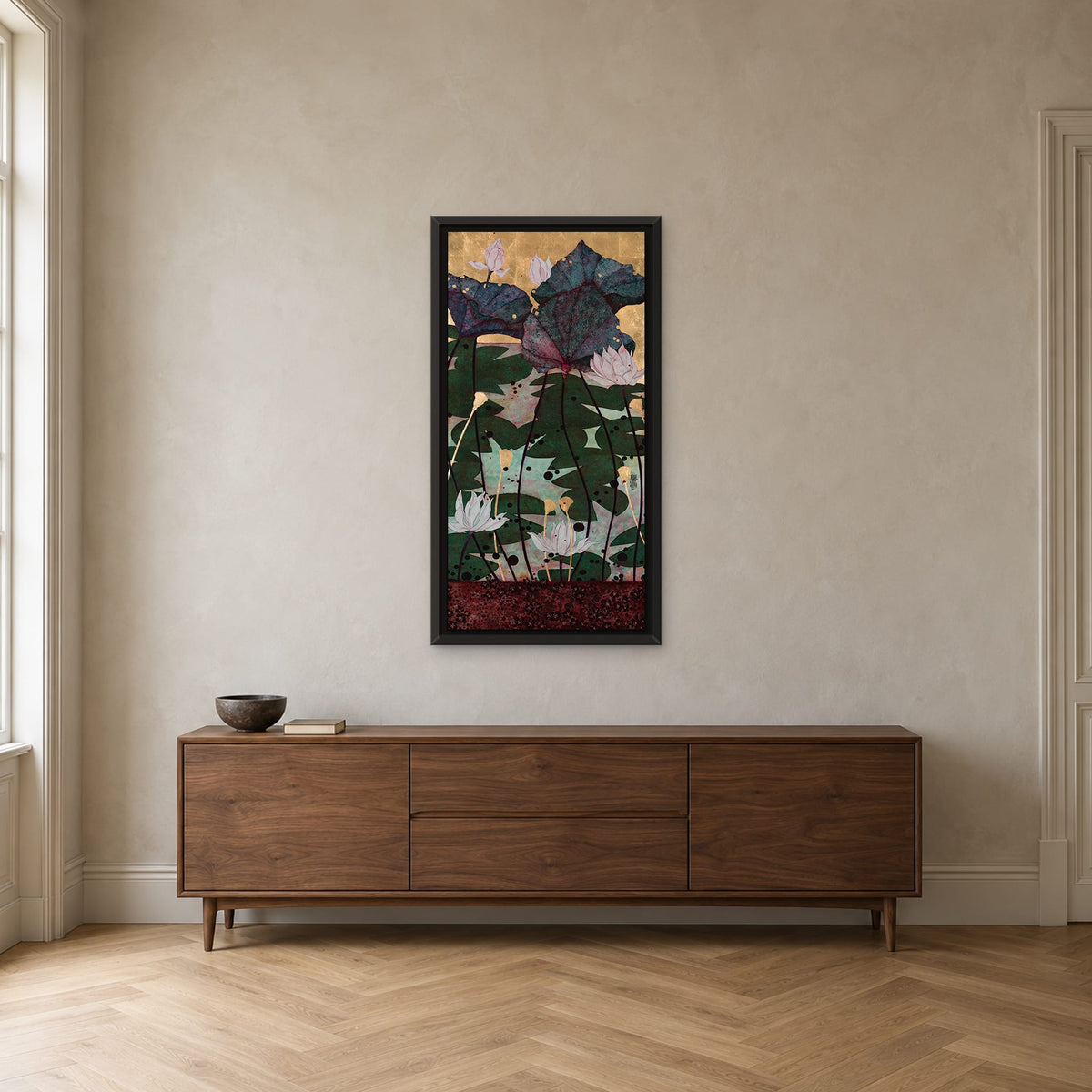 Après ce bain parmi les nénuphars — tableau original 50 × 100 cm de Lalou Kraffe, caisse américaine XL noire — mise en situation