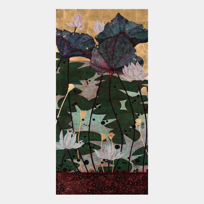 Après ce bain parmi les nénuphars — photographie de la peinture originale de Lalou Kraffe, acrylique et feuille d’or, 2026