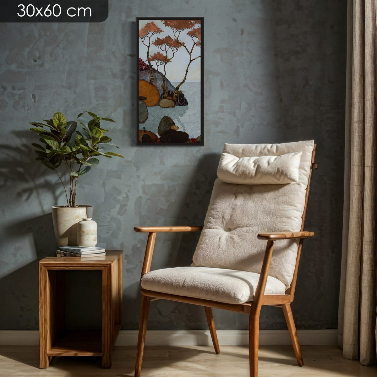 Triptyque 1A: « Se poser là…Où là …Puis attendre simplement que le soleil se lève » — édition d’art 30 × 60 cm avec cadre noir — mise en situation